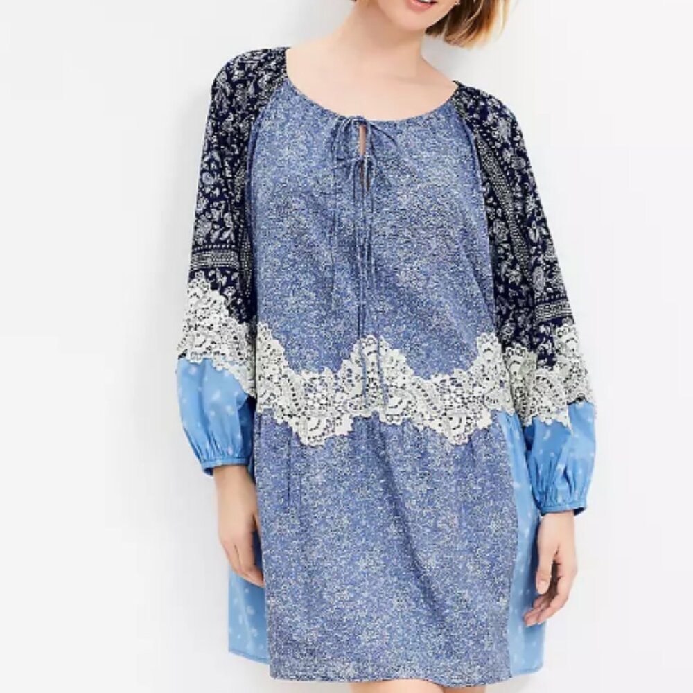 LOFT Lace Paisley Tie Mini Pocket Blue and Cream Dress; Size L; NWOT